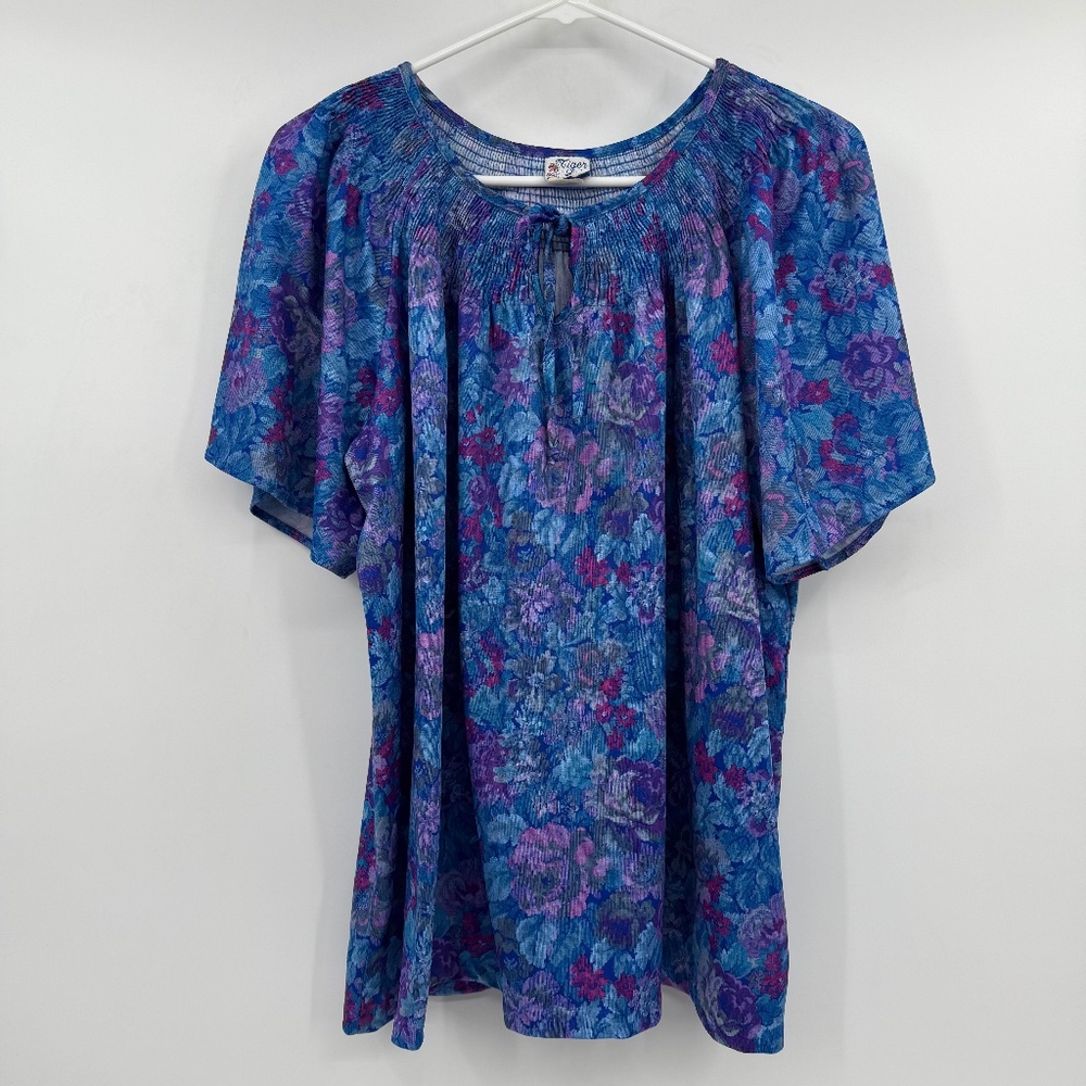 Tiger Lily Top Women 22W Blue Purple Floral Vintage Peasant Prairie Cottgecore